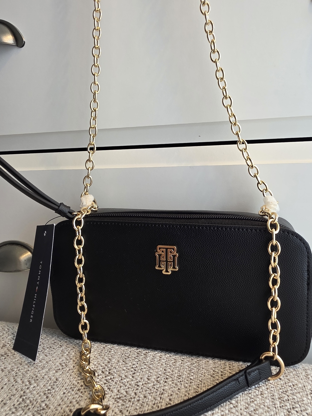 Tommy Hilfiger Black Pebble Leather Crossbody with Gold Chain